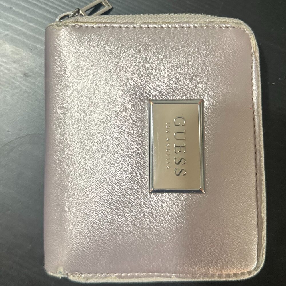 GUESS Blush Pink Shimmer Zip-Around Wallet – Compact & Stylish